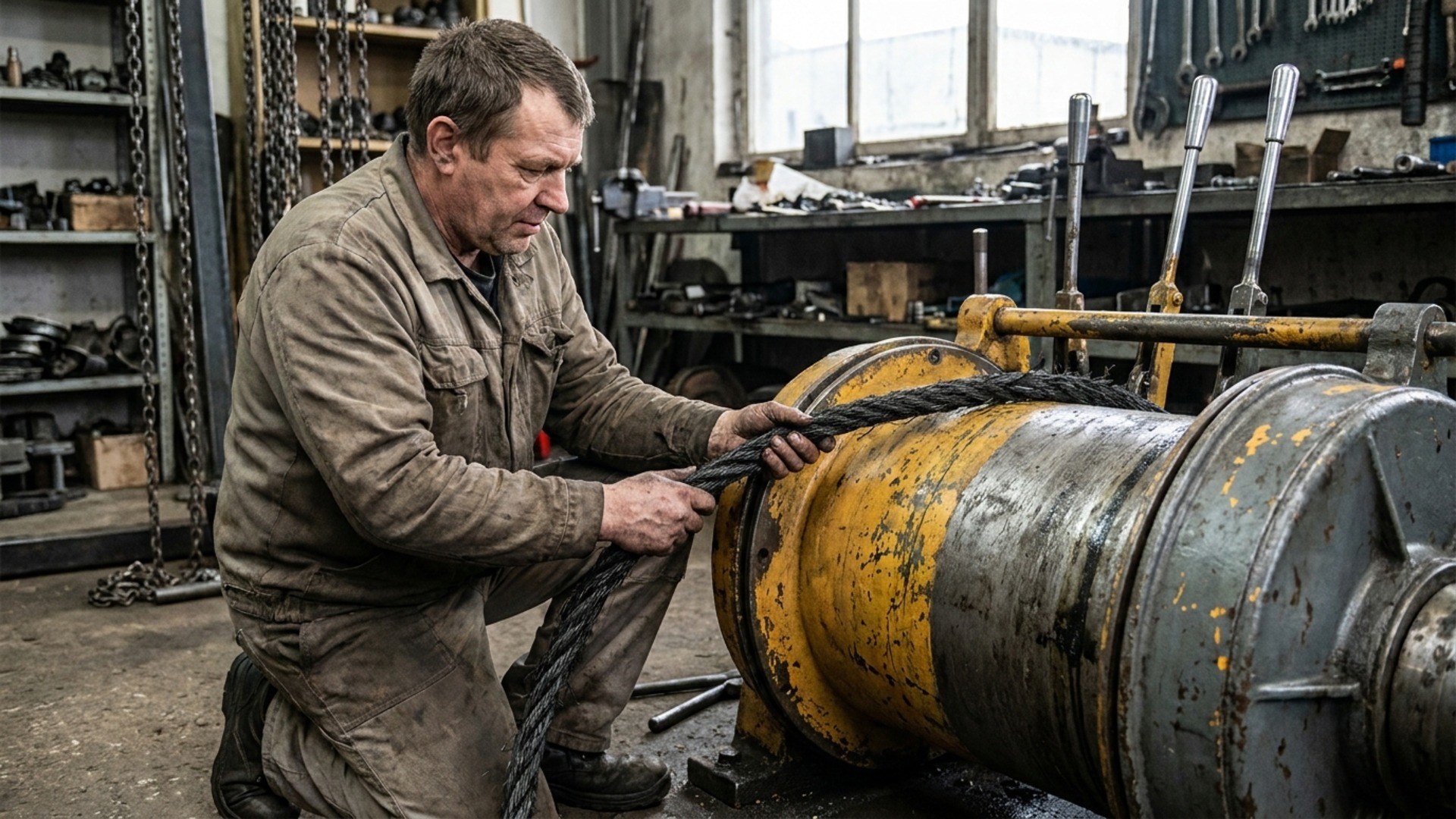 замена изношенного троса на барабане
