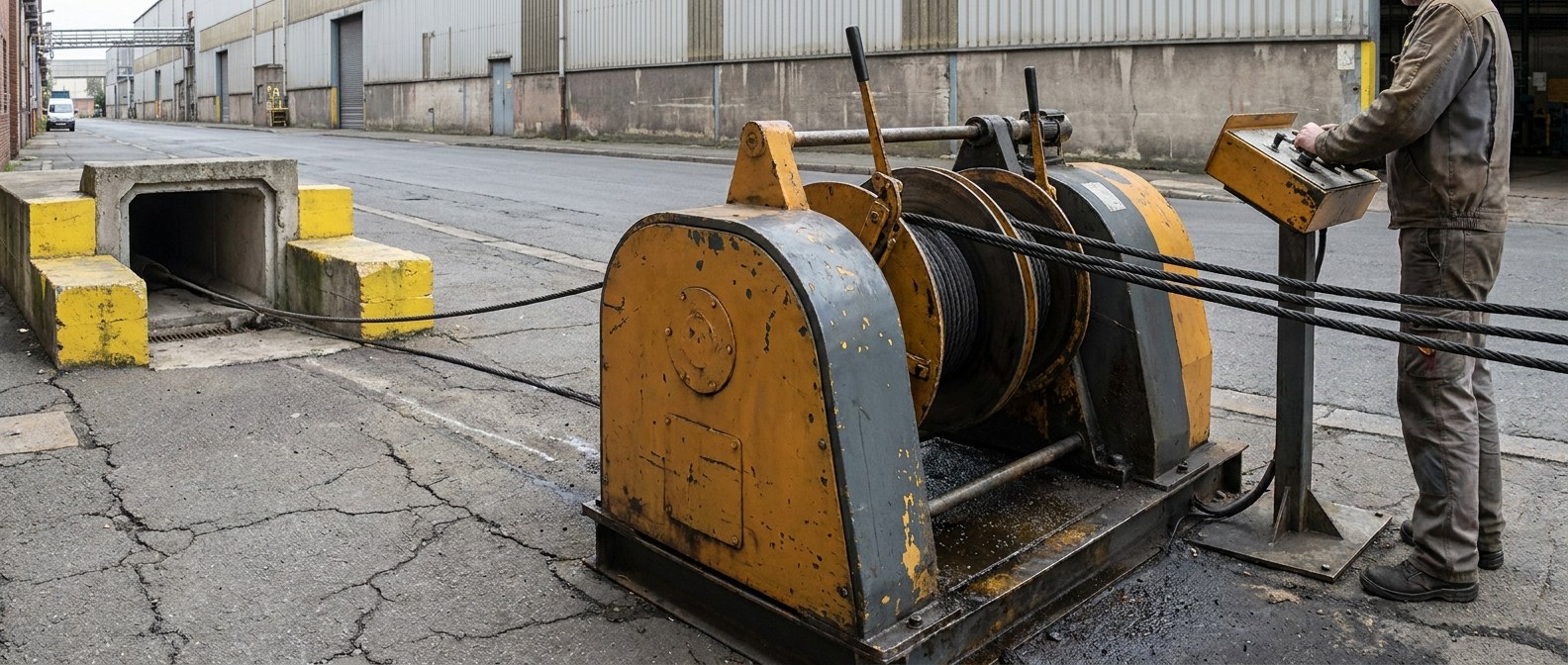 оператор у capstan puller at a duct mouth